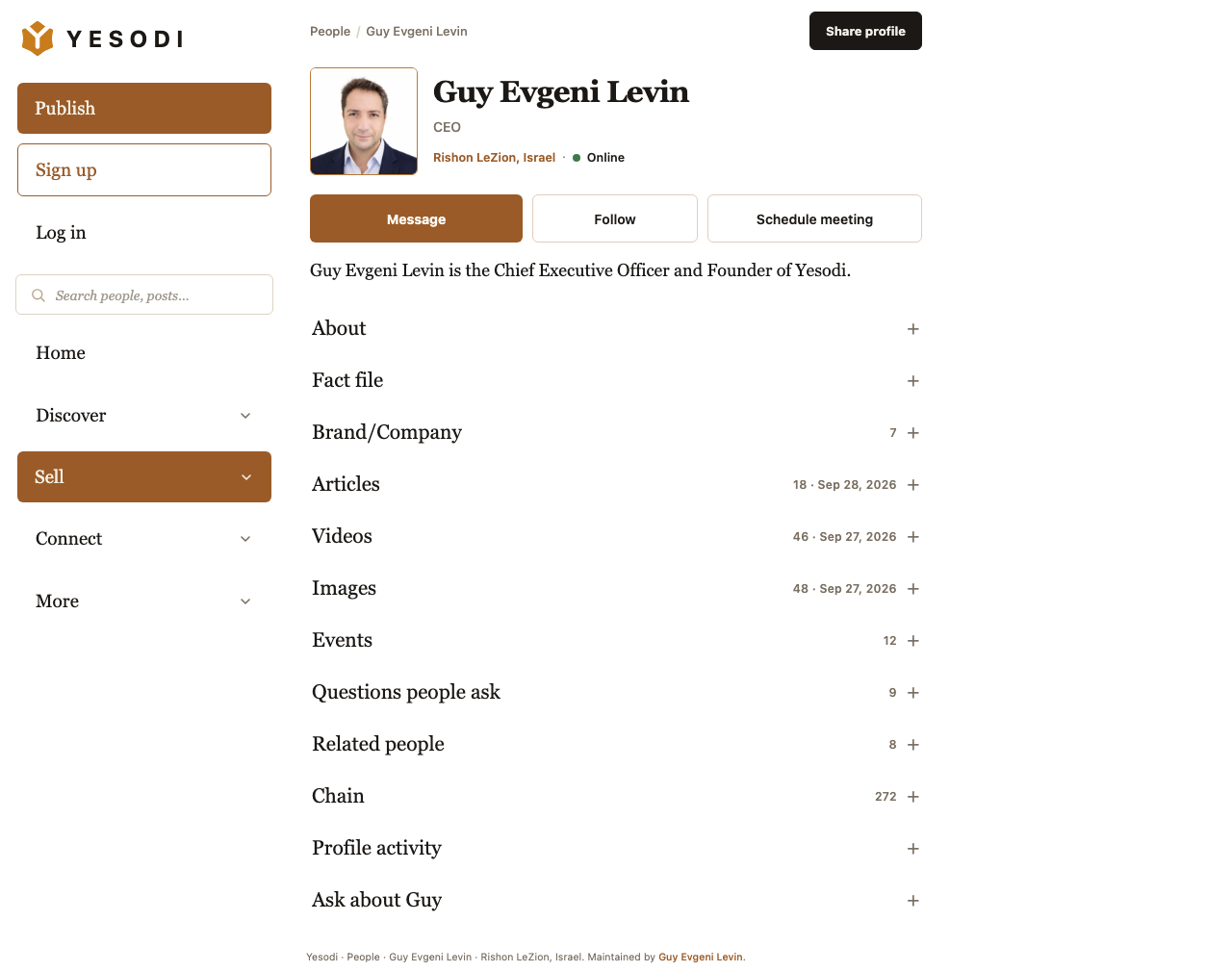 A real, complete Yesodi profile: header with contact actions and sections for About, articles, videos, images and network